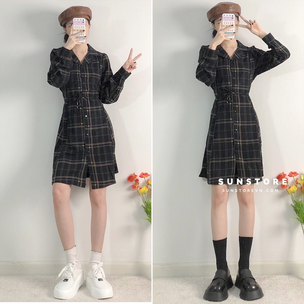 Đầm caro tay dài Dress Nữ dáng mini Daisy Moran Ulzzang