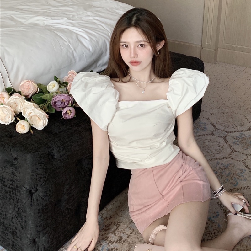 SUXI Áo Tay Phồng Ngắn Cổ Vuông Màu Sắc Đơn Giản Thời Trang Mùa Hè Cho Nữ