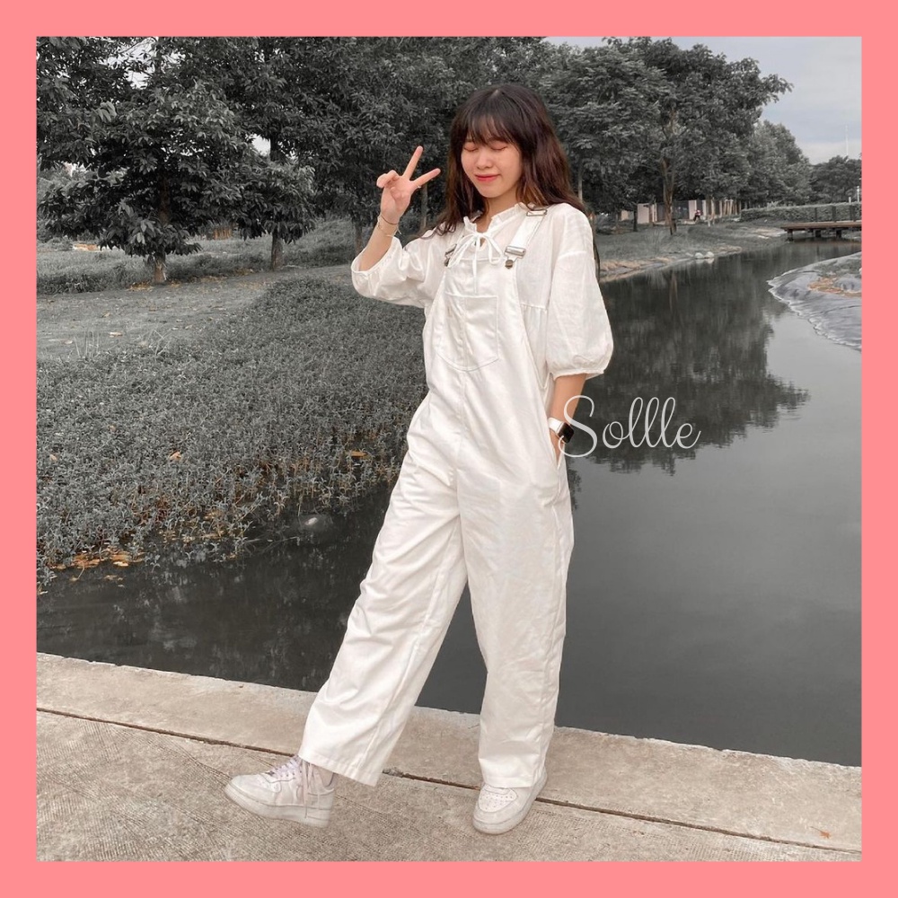 Yếm quần kaki Ulzzang viền chỉ nổi dáng suông phong cách Hàn Quốc Sollle