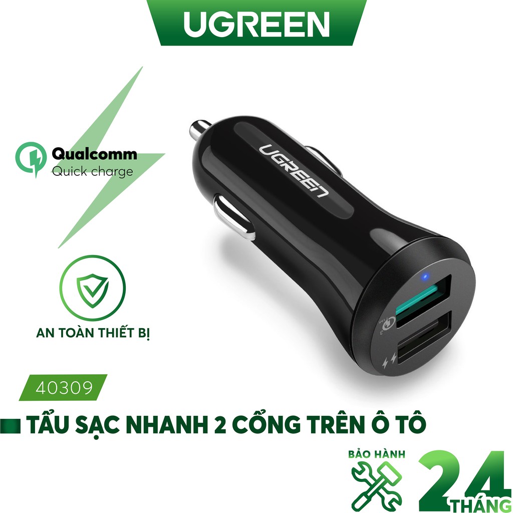 Tẩu sạc 2 cổng trên xe hơi hỗ trợ QC3.0 UGREEN 40309