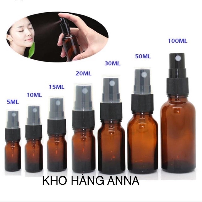 COMBO 5 chai thủy tinh xịt sương/ bóp giọt đựng tinh dầu - Chai Nâu/ trong suốt thủy tinh 100ml/ 50ml/ 30ml/ 20ml/ 10ml