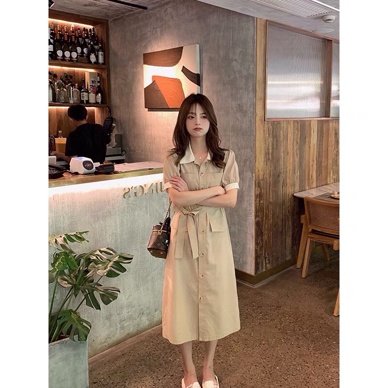 Váy Kaki Dáng Dài Phối Cổ Trắng