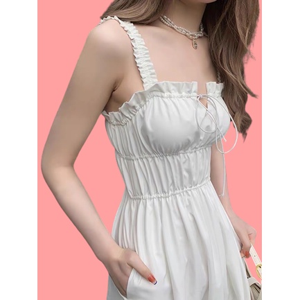 Váy Nữ 2 Dây Trắng Chun Ngực Dáng Xòe, Váy Đầm Nữ Dây Maxi Đi Biển Dáng Dài Xòe Tiểu Thư Điệu Đà