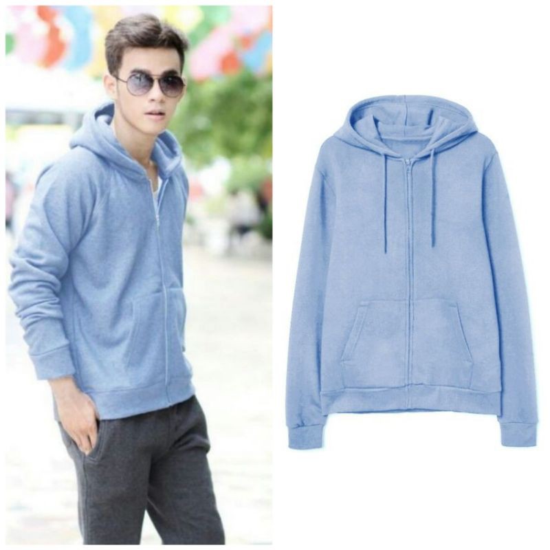 Áo hoodie dây kéo form rộng màu xanh lam M L XL 2XL 40kg - 85kg