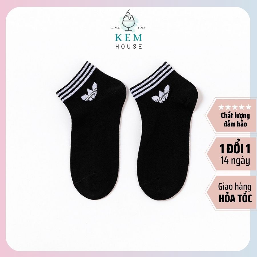 Tất thể thao cổ ngắn Adida 3 lá - Unisex Freesize - Đen/Trắng (Qua mắt cá chân 1-2 cm)