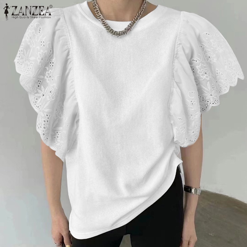 ZANZEA Áo Thun Tay Ngắn Cổ Tròn Phối Ren Thời Trang Cho Nữ