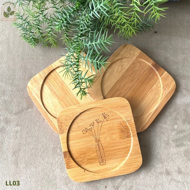 Đế lót ly bằng vật liệu tre tự nhiên, thân thiện môi trường, khắc logo theo nhu cầu