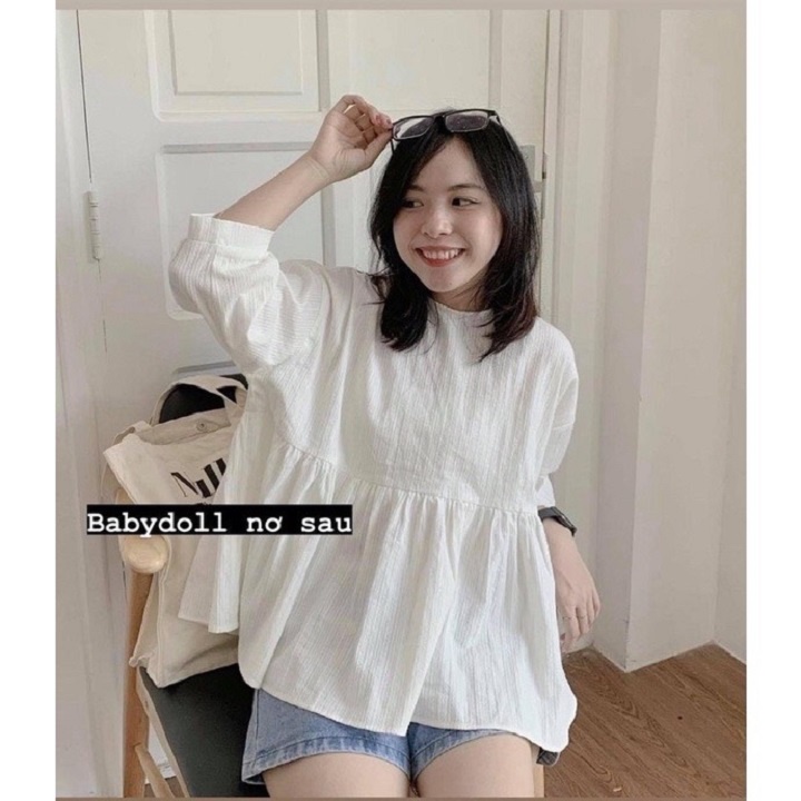 Áo babydoll trắng nơ sau lưng nhẹ nhàng - Áo babydoll dài tay chất đũi tay bồng - Mono Boutique