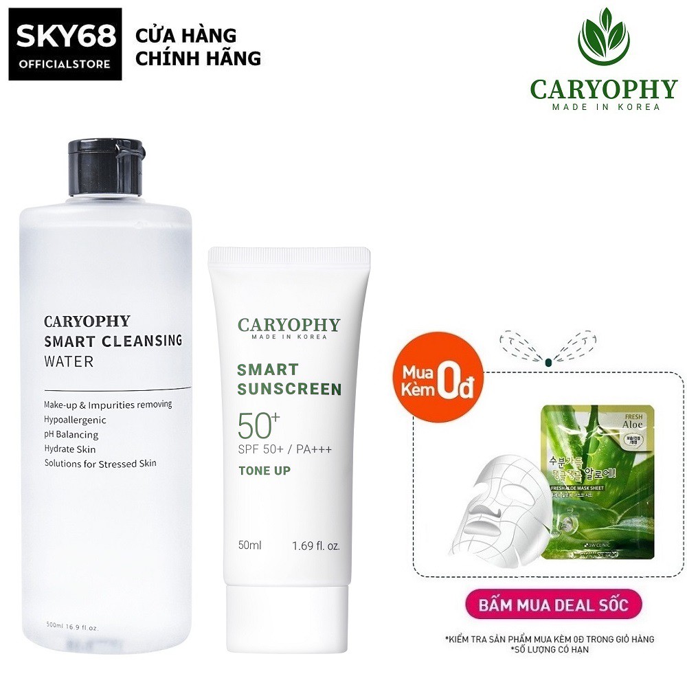 Combo 2 Sản Phẩm Ngừa Mụn, Giảm Thâm, Làm Sạch Sâu, Bảo Vệ Da CARYOPHY (Tẩy trang 500ml + KCN Tone Up 50ml)