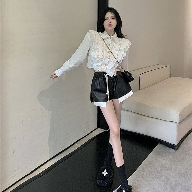 Set Áo Sơ Mi Tay Dài + Quần Short Da pu Lưng Cao Thời Trang