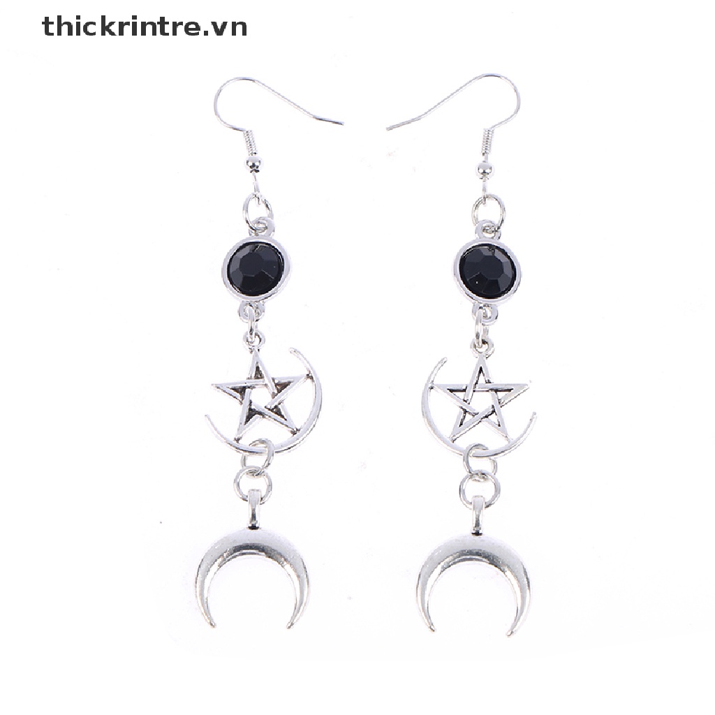 Bông Tai Đính Đá Đen Và Ngôi Sao Mặt Trăng Phong Cách Gothic