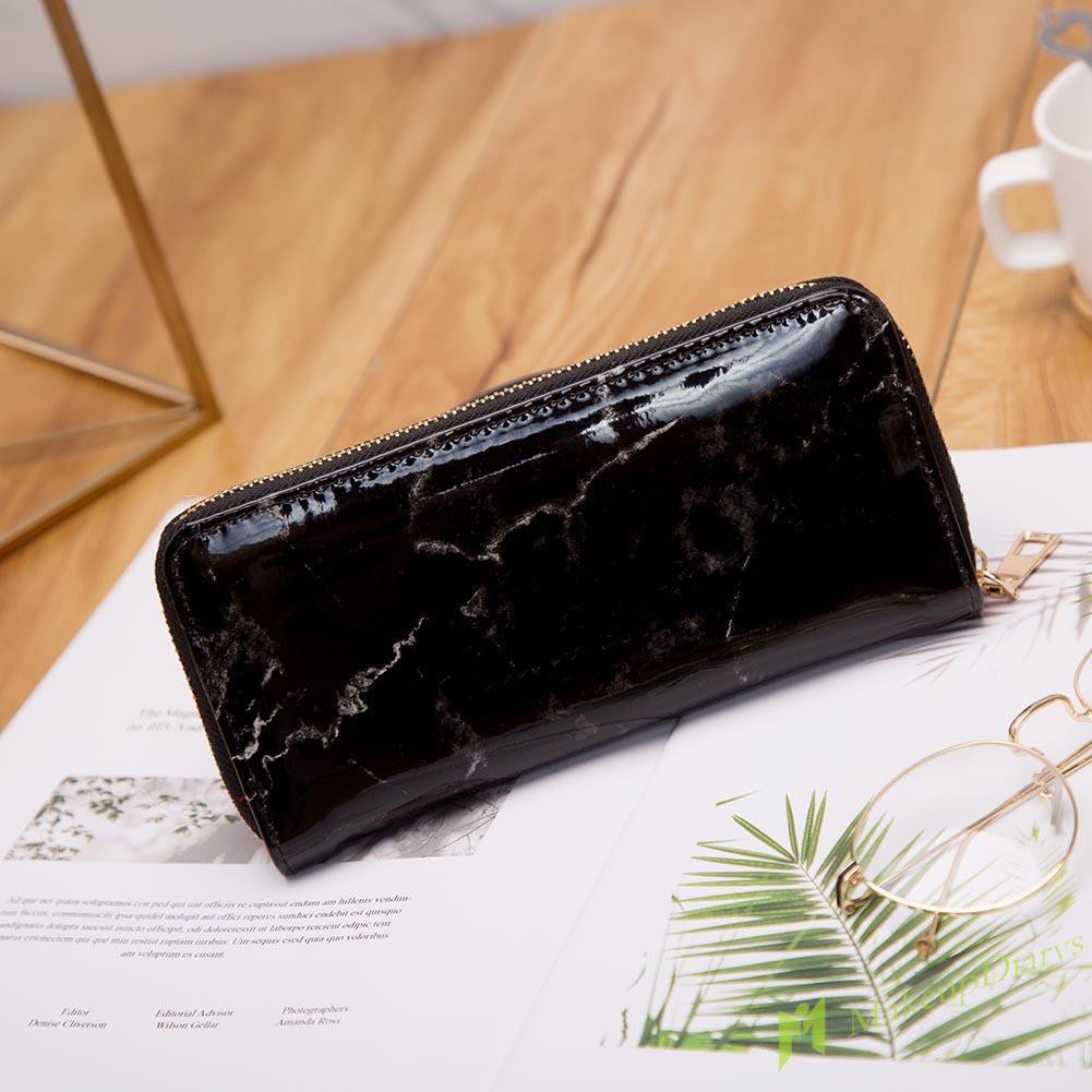 【New Arrival】Creative Casual Women Marble Patent Leather Long Clutch Zipper Coin Wallets