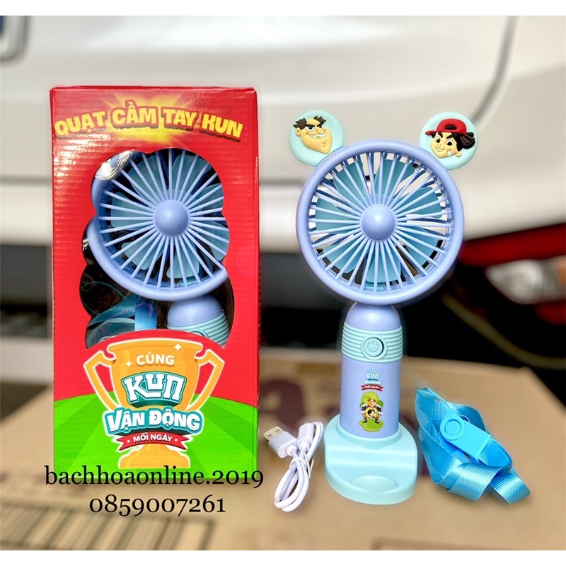 QUẠT CẦM TAY KUN, QUẠT KUN MINI KHÔNG DÂY HÀNG CAO CẤP TẶNG CÁP SẠC, DÂY ĐEO, ĐẾ QUẠT