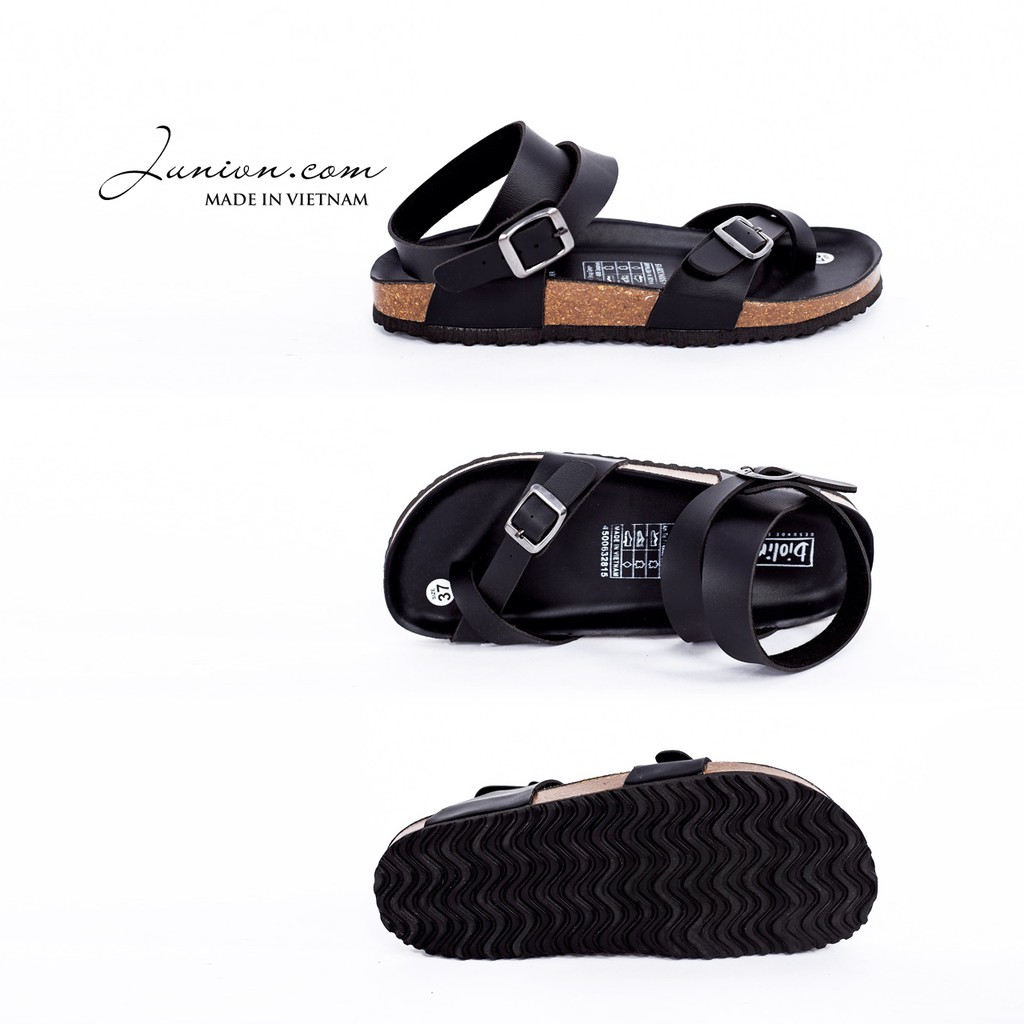 [DA PU/CHỐNG NƯỚC] PU16-Dép da sandal cao cổ Unisex, Màu đen, đế trấu Bioline Birken- Xuất khẩu châu Âu - Juni Store