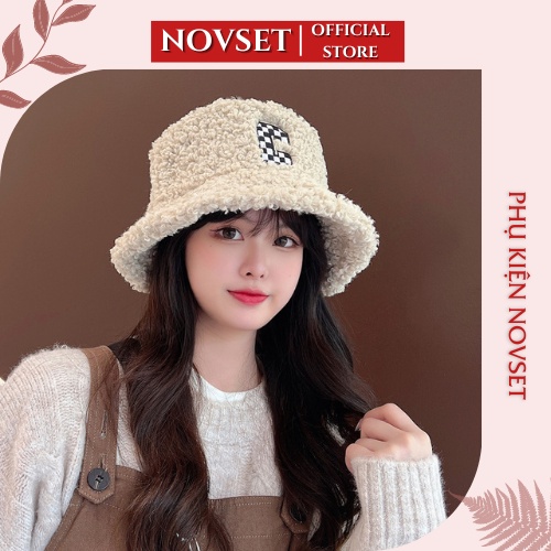 Mũ Lông CừuFREESHIPMũ bucket lông cừu phong cách Hàn Quốc mềm mại hoạ tiết chữ C [ D706 ]
