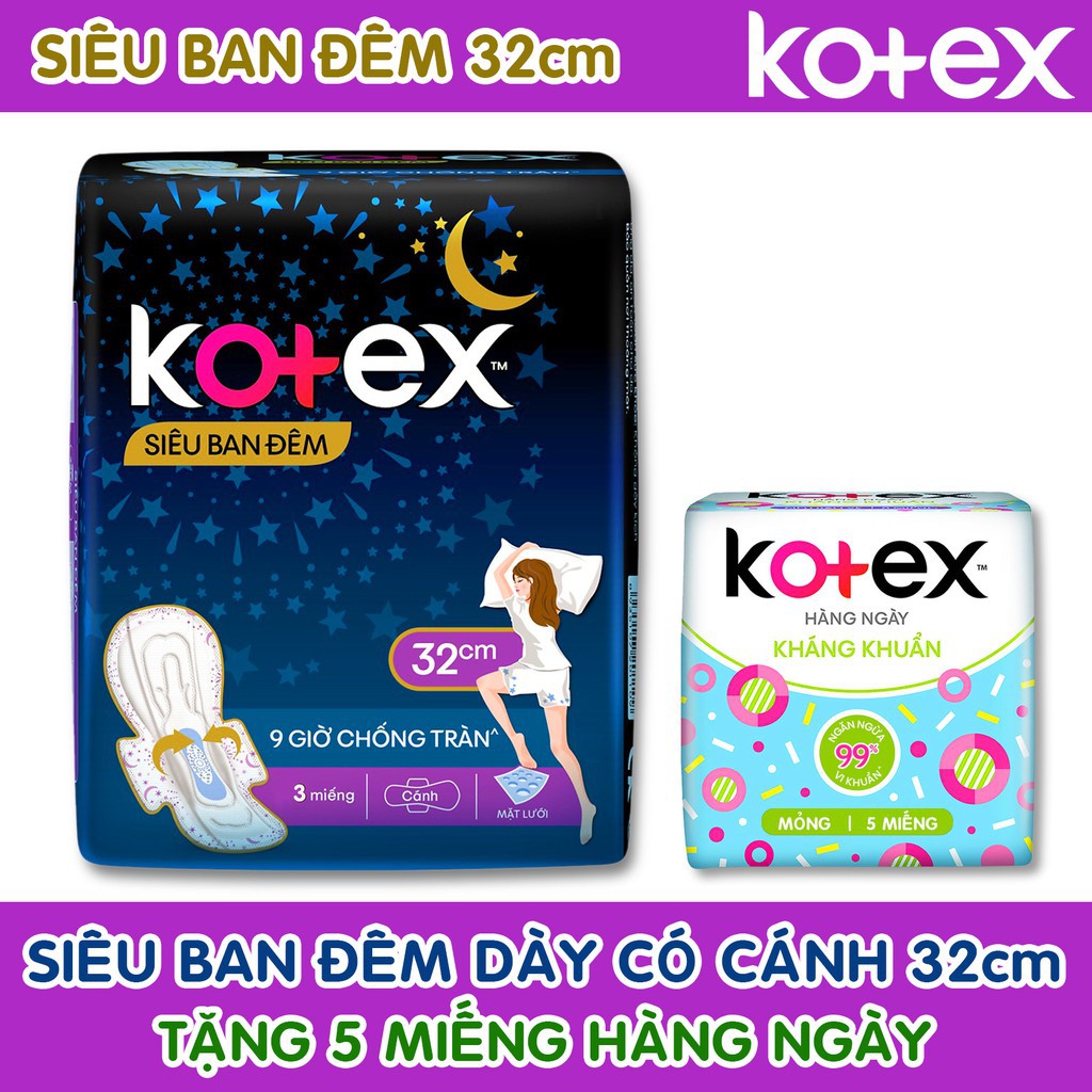 Băng Vệ Sinh Ban Đêm Kotex Khô Thoáng Lưới Siêu Thấm Siêu Mỏng Cánh 35cm/ 28cm