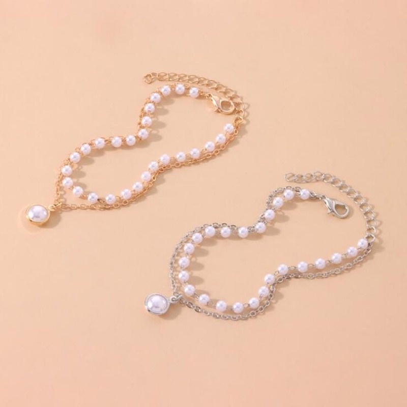 Vòng Tay Hai Lớp Đính Hạt Ngọc Trai Nhân Tạo Màu Vàng Bạc Thời Trang Hàn Quốc