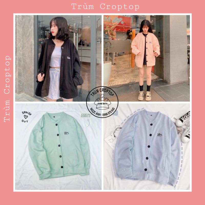 Áo Khoác Nỉ Bomber Thêu Hình Chú Chó, Áo Sweater Hoddie Nút Gài Form Rộng Unisex
