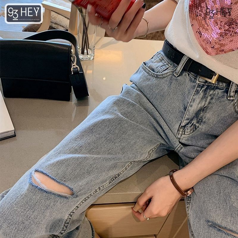 Quần Jean Nữ Rách Gối Cạp Cao Dáng Baggy Màu Xanh Phong Cách Hàn Quốc 93HEY QJ02