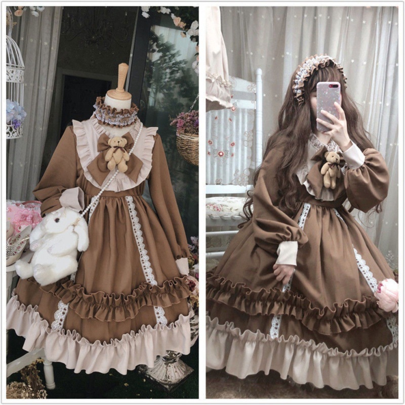 Brroa Đầm Lolita Công Chúa Tay Phồng Dài Phồng Cổ Đứng Phối Bèo Đính Nơ Gấu Bông Đáng Yêu Cho Nữ Hóa Trang