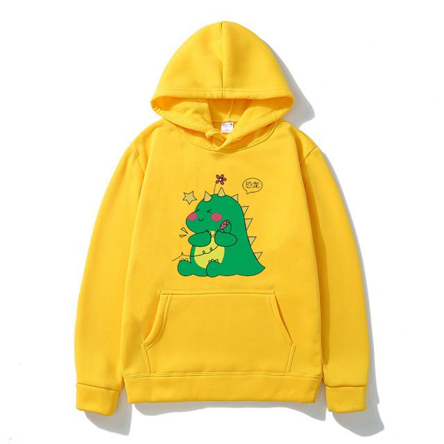 Áo Hoodie Ulzzang Nam Nữ Thu Đông Ấm Áp Chất Nỉ Mềm Mịn Không Nhăn, Không Xù In 3D Cartoon Khủng Long Gọi Điện Xinh Cute