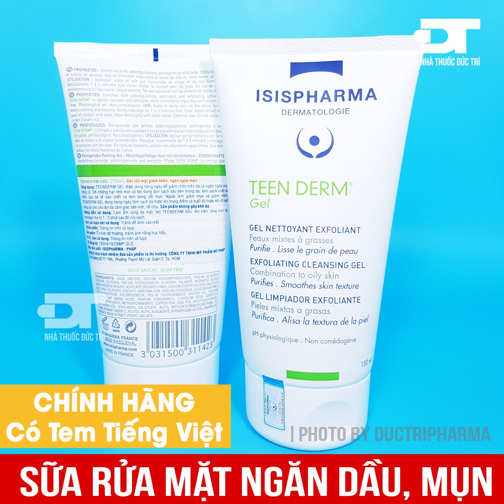 [CHÍNH HÃNG] Sữa rửa mặt giảm nhờn, ngừa mụn - ISIS PHARMA TEEN DERM GEL
