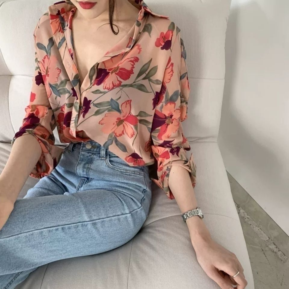 Áo Sơ Mi Voan Dài Tay In Hoa Xinh Xắn Dành Cho Nữ 2019 / Size 39t- Plus