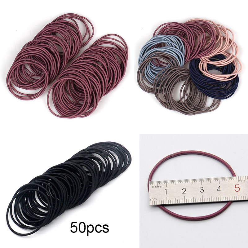 Set 50 dây buộc tóc cao su co giãn màu trơn cho nữ