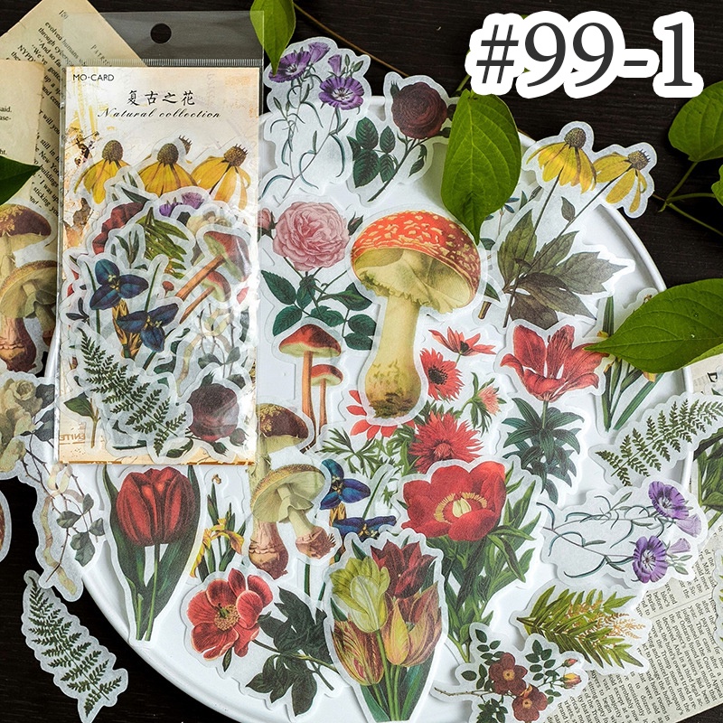 Sticker hoa lá cổ điển trang trí Scrapbook, sổ tay, vở  (set 60 stickers) - [ 099 ]