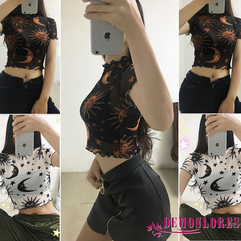 Áo Croptop Phối Lưới Tay Ngắn Họa Tiết Thần Thoại Cho Nữ