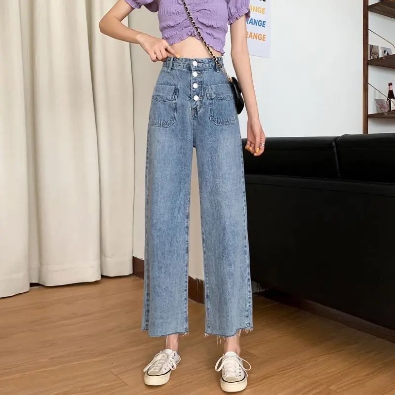 Quần Jean Nữ Màu Xanh Cạp Cao Ống Suông, Quần Bò Ống Đứng Cài Cúc Có Túi Chất Denim Jean Loại 1 Hàng Quảng Châu