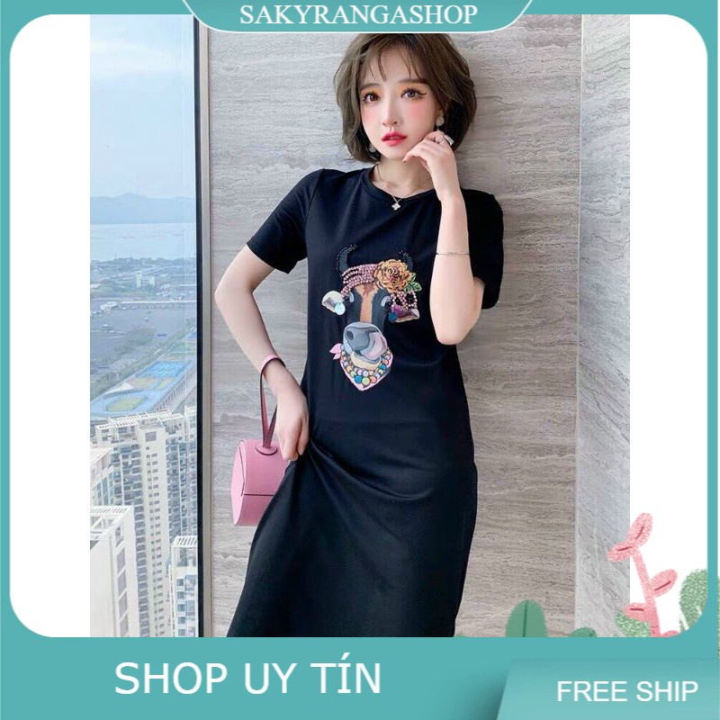 HÀNG NHẬP - ĐẦM SUÔNG THUN HOẠ TIẾT TRÂU ĐÍNH ĐÁ