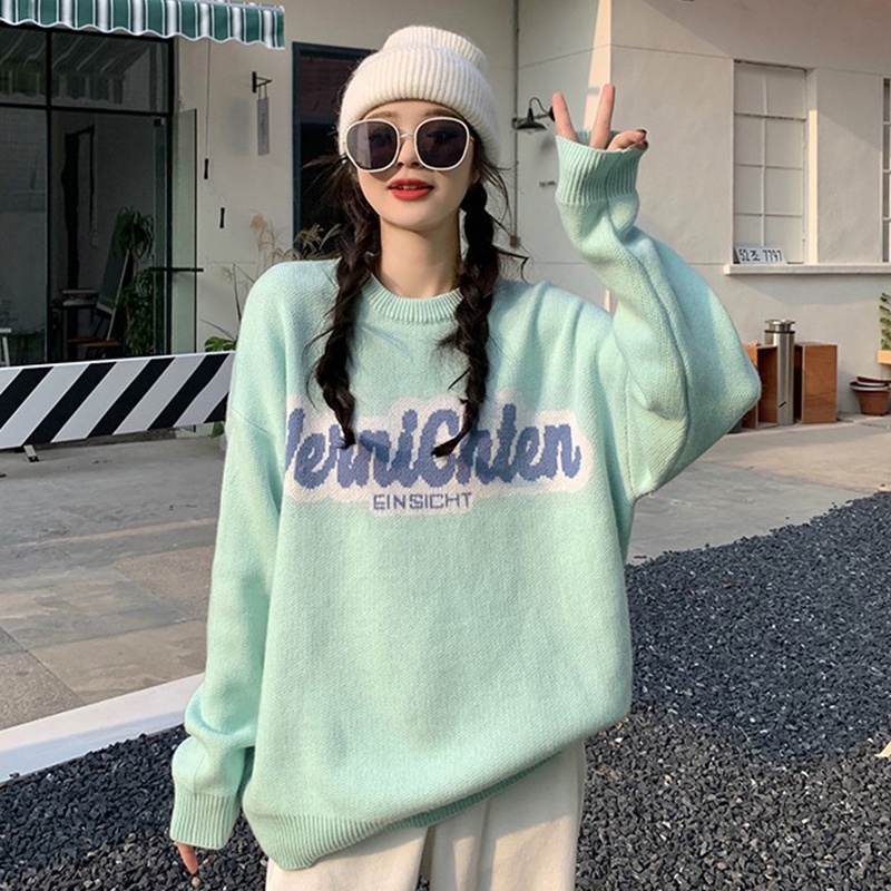 SUXI Áo Sweater Dệt Kim Tay Dài Cổ Tròn In Chữ Đơn Giản Thời Trang Thu Đông Cho Nữ