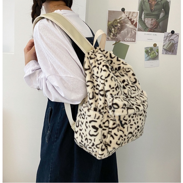 Cặp đi học nữ xinh lông cừu màu loang thời trang, Balo lưng da cao cấp bền bỉ, quà tặng bạn bè người thân ý nghĩa