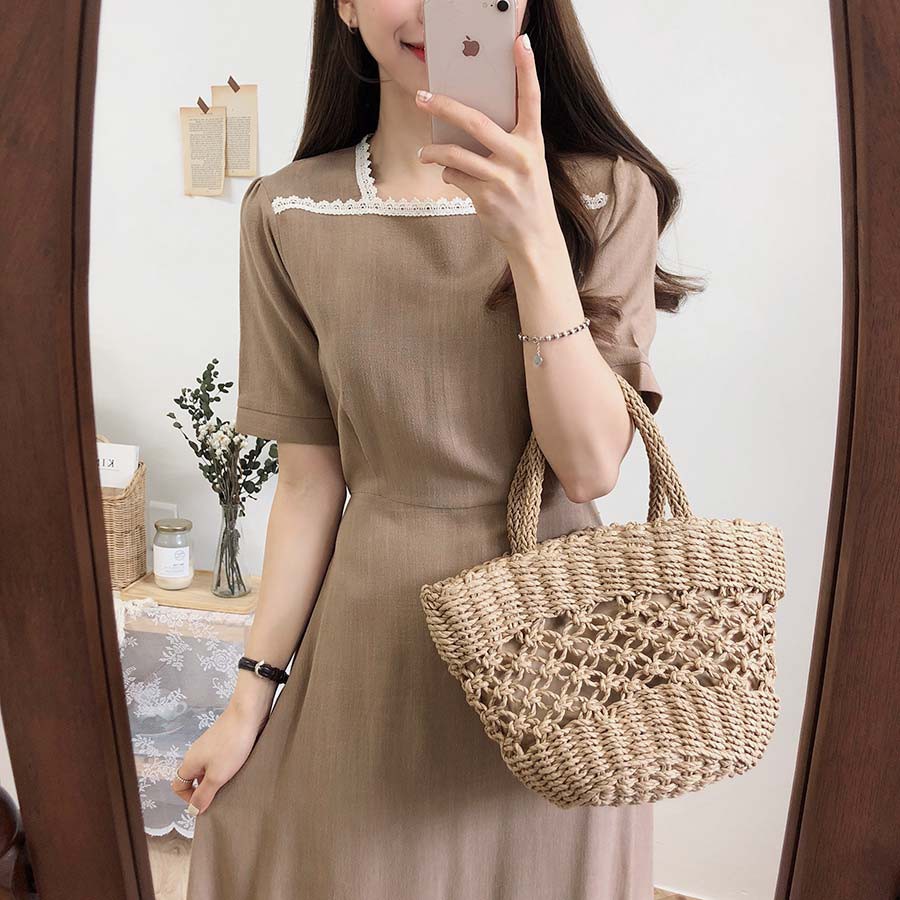 Váy Vintage - Đầm Nữ Cổ Vuông Phối Ren 4 Màu Đơn Giản