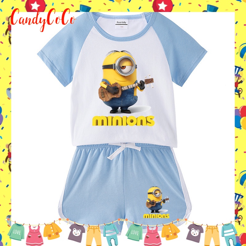 Set Đồ Mùa Hè 2 Món Gồm Áo Thun Cotton Tay Cộc + Quần Ngắn In Hình MINIONS Cho Bé 0-10 Tuổi