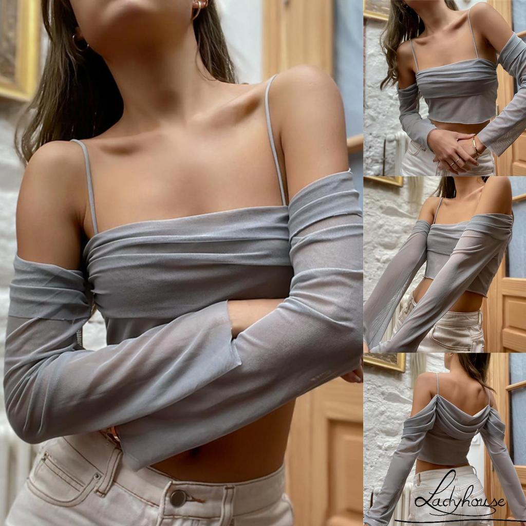 Áo Croptop Trễ Vai Tay Dài Màu Trơn Phối Lưới Thời Trang Cho Nữ