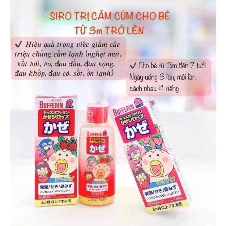 Siro Thảo Dược Bufferin Ho Đờm,Sổ Mũi,Cảm Cúm Vị Dâu 120ml Cho Bé Từ 3 tháng tuổi
