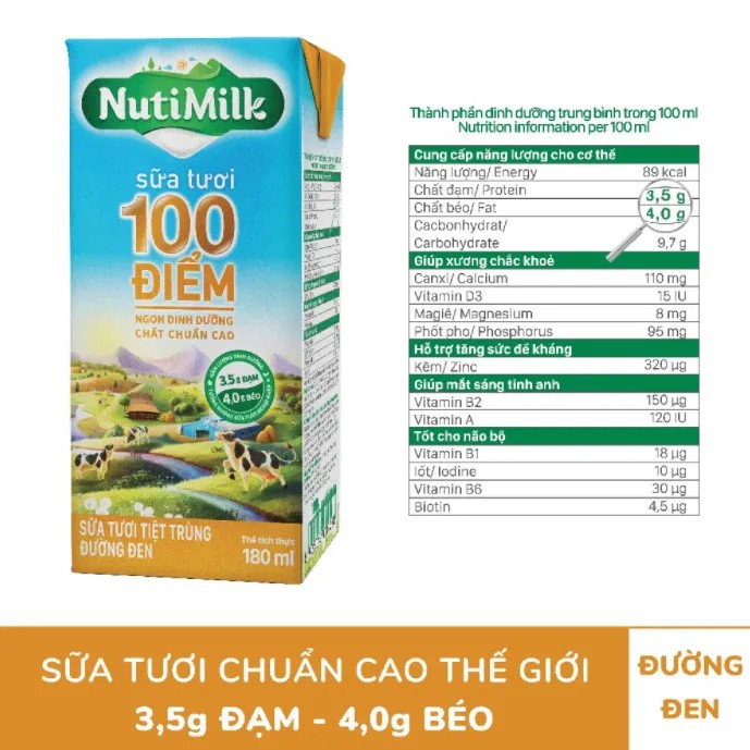 Lốc 4 hộp Nutifood NutiMilk Sữa Tươi 100 điểm - Sữa Tươi tiệt trùng Đường đen Hộp 180 ml