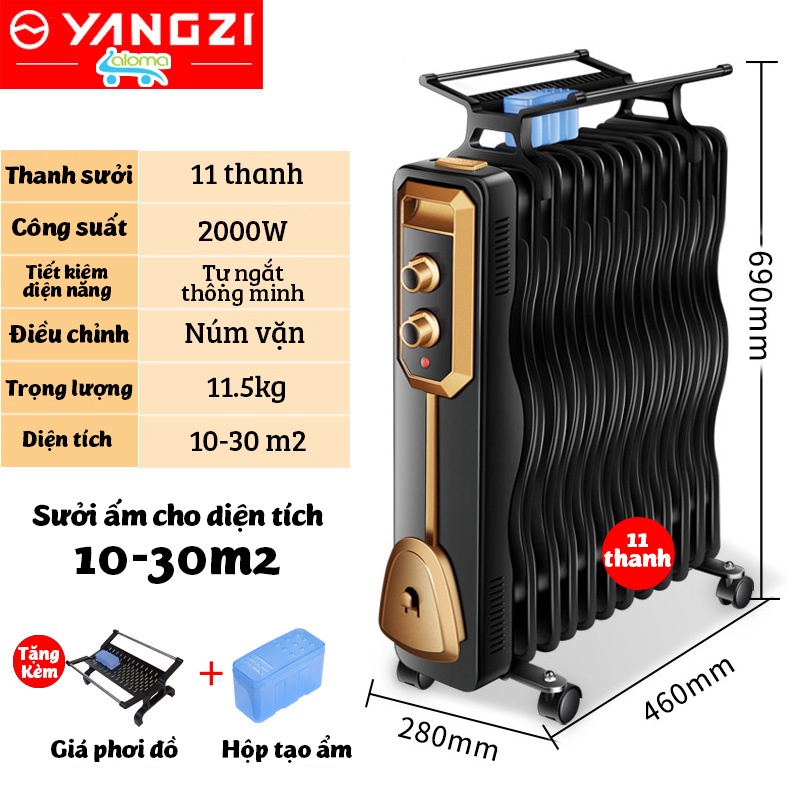 Máy sưởi dầu 11 thanh Yangzi YL-1809 làm ấm phòng 20-40m2 không khô da