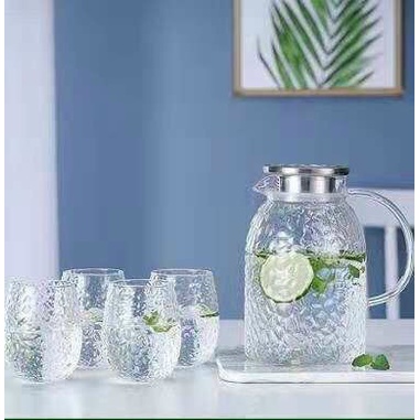 BỘ BÌNH ĐỰNG NƯỚC UỐNG KÈM 6 CỐC THỦY TINH CHỊU NHIỆT LÊN TỚI 400 ĐỘ C NẮP INOX