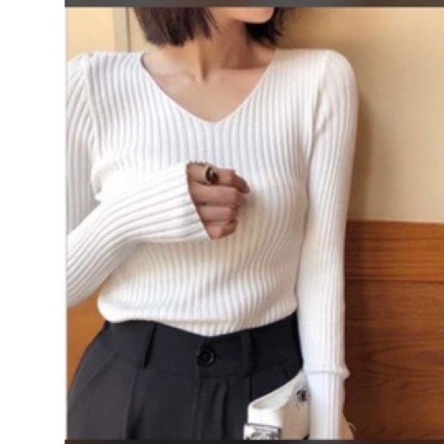 [new new new, chào thu đông] Áo nữ, áo bo gân dài tay cổ V 3 màu Hồng, đen, trắng phối đồ cực xinh  TEENS FASHION