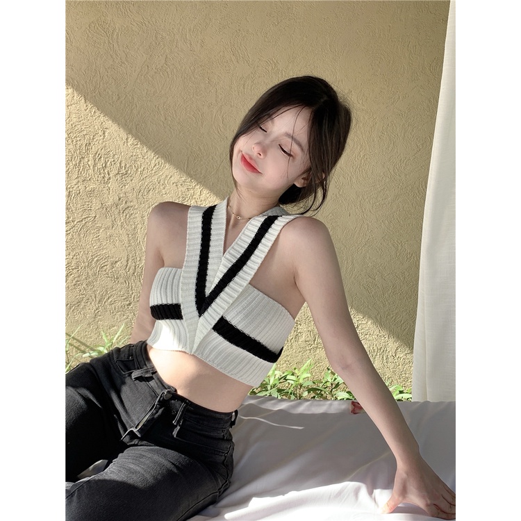 QADCOL Áo Croptop Dệt Kim In Hoa Xinh Xắn Dành Cho Nữ
