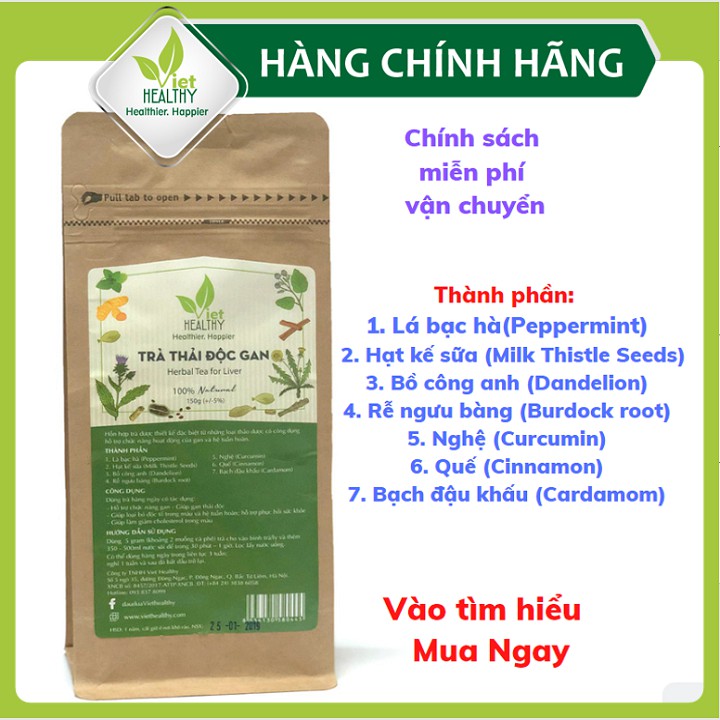 Trà thải độc gan Viet Healthy 150g, thành phần: Lá bạc hà, kế sữa, Bồ công anh, Rễ ngưu bàng, Nghệ, Quế, Bạch đậu khấu