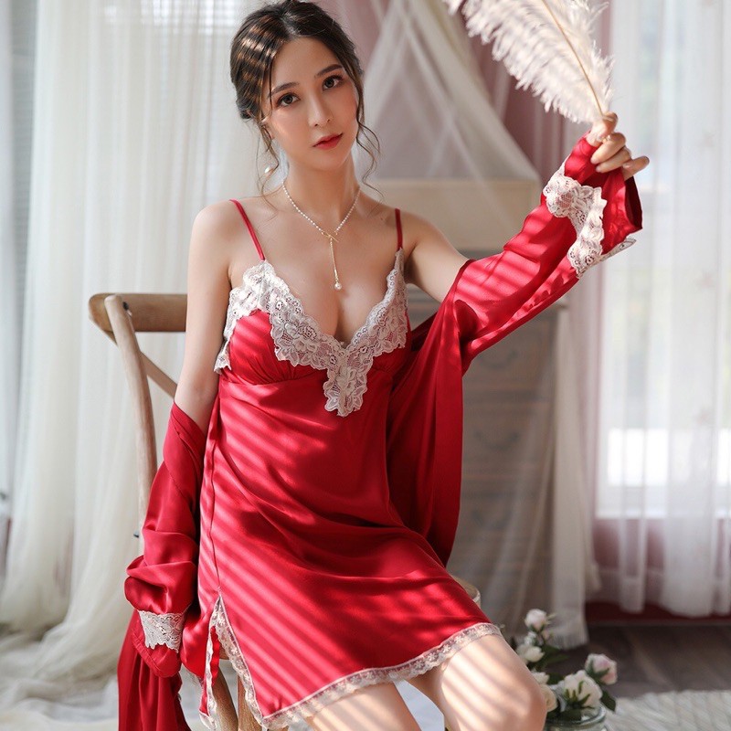 Bộ Ngủ Lụa Váy Ngủ Kèm Áo Choàng Vải Satin Chất Siêu Mát Dáng Siêu Xinh