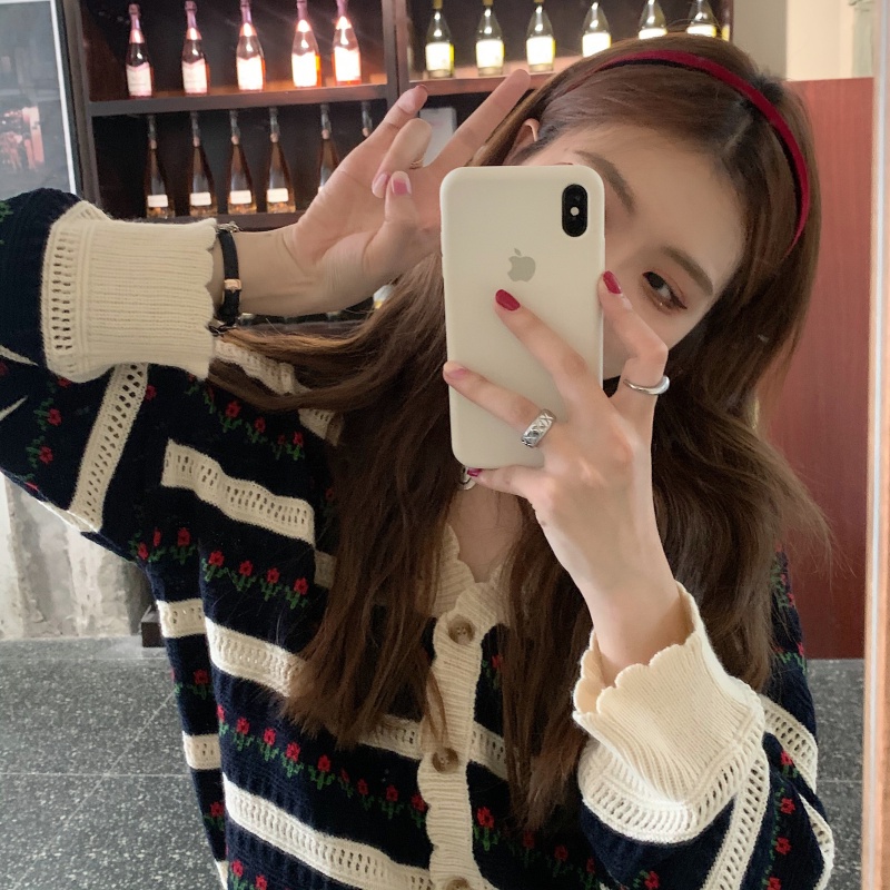 【ZHELIHANGFEI】Áo Cardigan Dệt Kim Tay Dài Cổ Chữ V Lưng Cao In Hoa Xinh Xắn