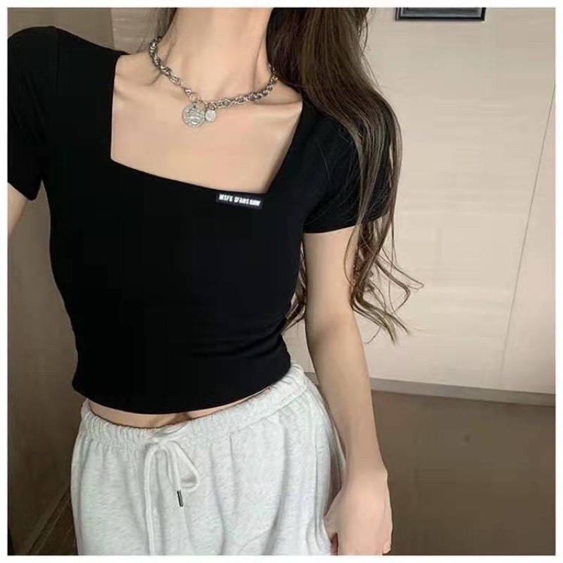 (MỚI) Áo Crt Cổ Vuông Nữ Thiết Kế Tay Ngắn Ôm Body Sexy PHỐI TAG CỔ VIỀN ÁO