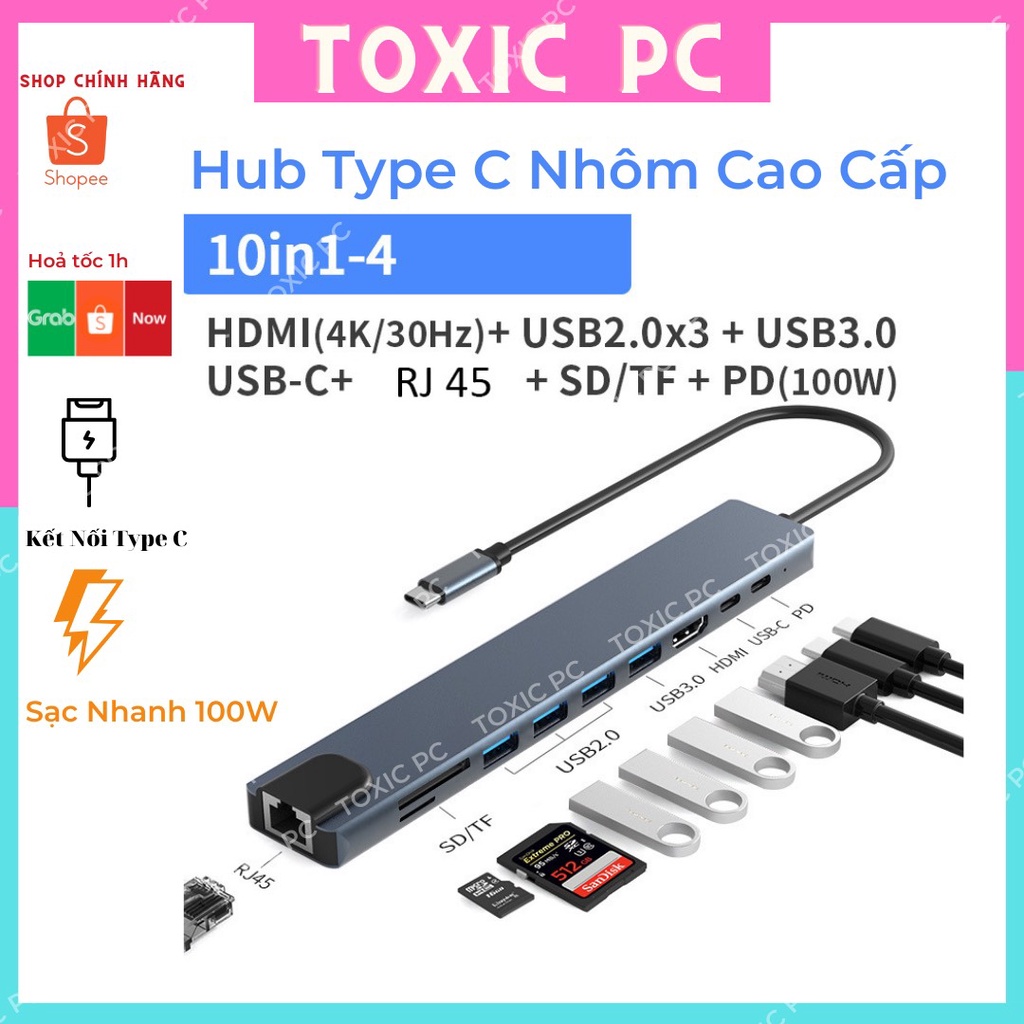 Bộ Chuyển Đổi HUB Type C, HUB USB 3.0 to HDMI,USB 3.0,SD,TF,RJ45,PD Type-C cho Laptop, Macbook_TOXIC PC