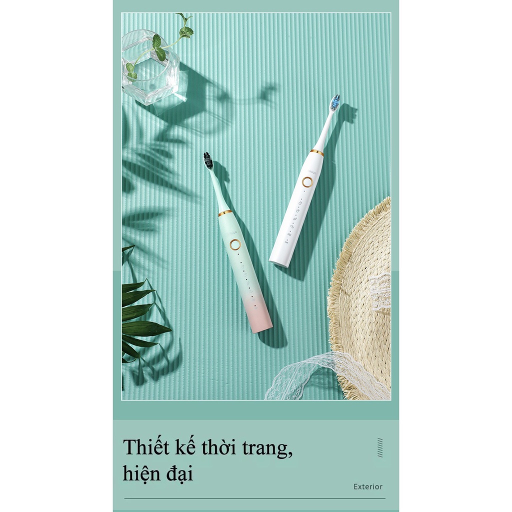Bàn Chải Điện Tự Động 5 in 1 Cao Cấp JIALAIYA X100 Tẩy Trắng Răng Máy Đánh Răng Lông Mềm Cho Bé Tặng 5 Đầu Bàn Chải Điện