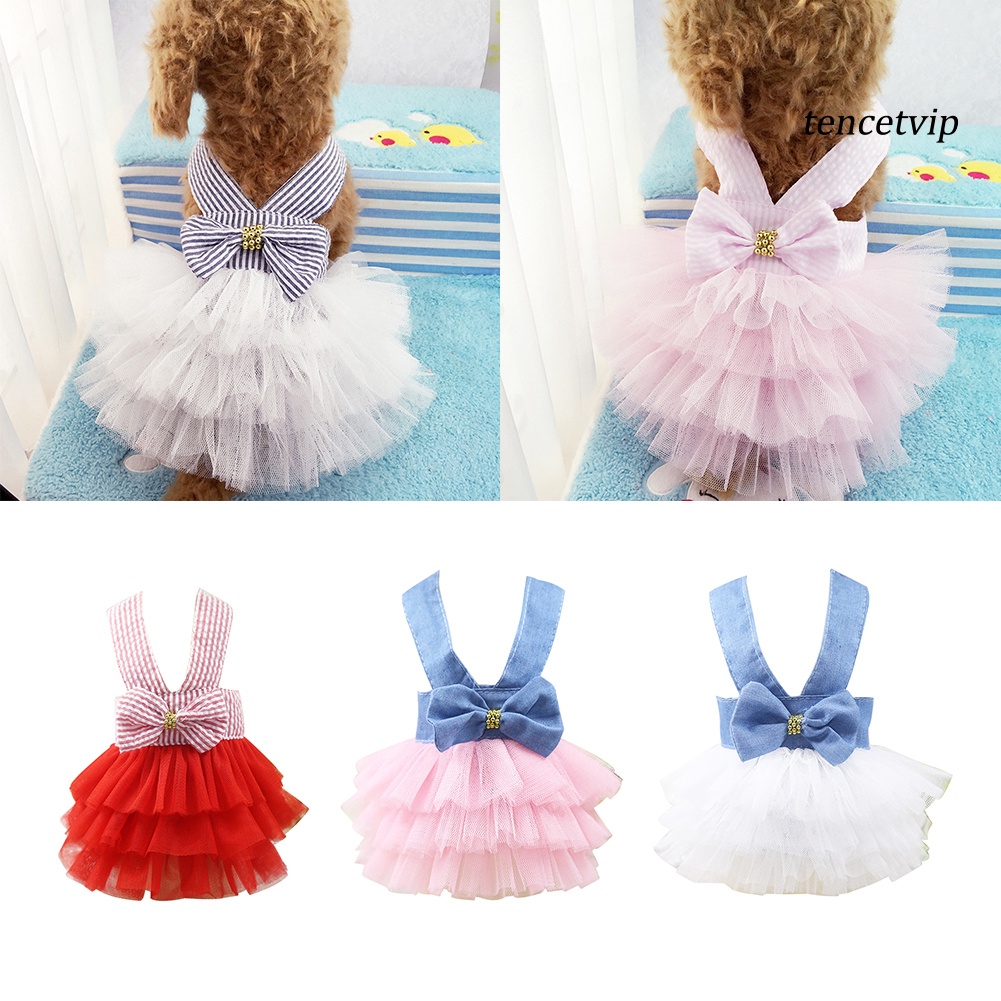 Đầm tutu xòe kẻ sọc vải tuyn phối nơ thời trang mùa hè cho cún cưng